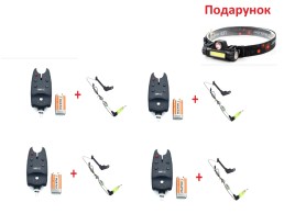 Комплект сигналізаторів клювання CarpLine 4 шт (прогумовані, з кроною) + 4 свінгери на штанзі